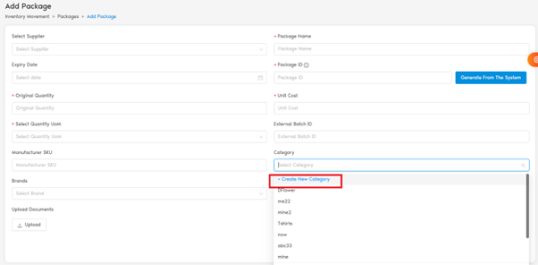 Add Package Create New Category