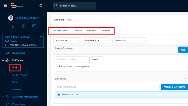 POS section with Process Order, Orders, Returns, Uploads tabs highlighted