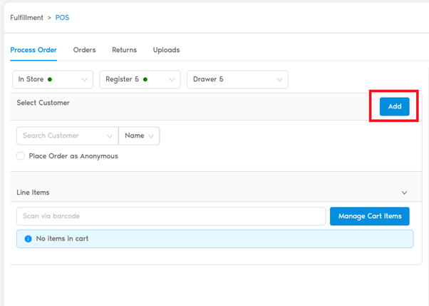 POS Process Order tab with Add button highlighted