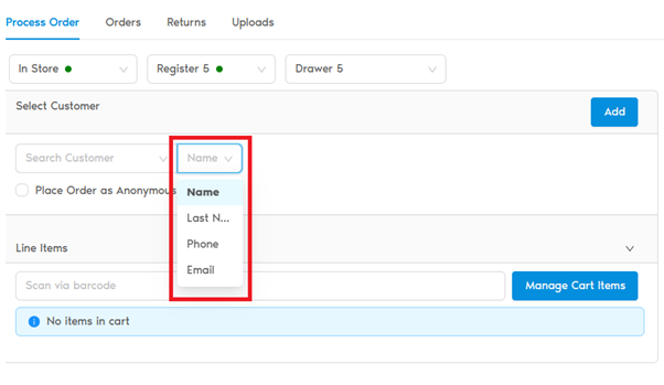 POS Process Order tab with customer search dropdown highlighted