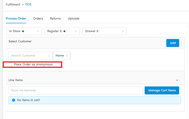 POS Process Order tab with Place Order as Anonymous checkbox highlighted