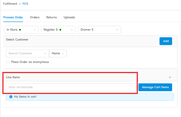 POS Process Order tab with Line Items section highlighted