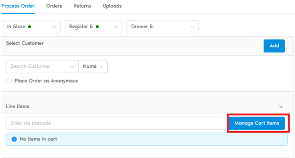 POS Process Order tab with Manage Cart Items button highlighted