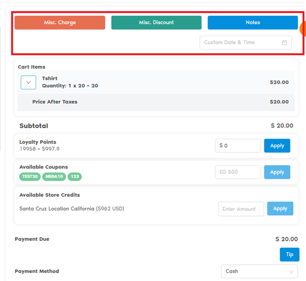 Order Summary & Checkout with Misc. Charge, Misc. Discount, Notes highlighted