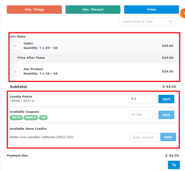Order Summary & Checkout with Cart Items and Loyalty/Coupons/Credits highlighted