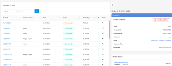 Sales section with order list