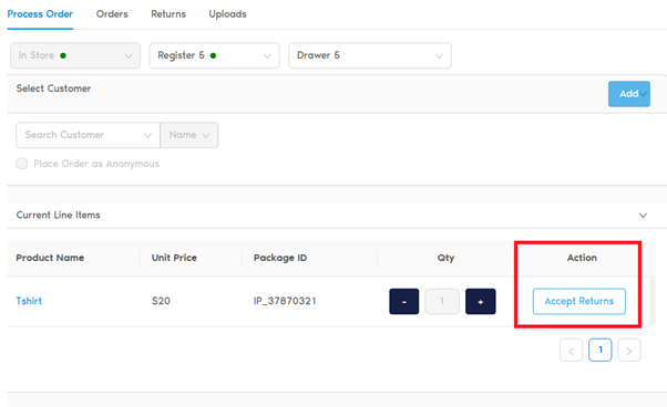 Returns screen with Accept Returns button highlighted