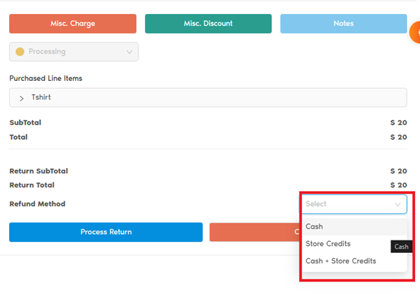 Returns screen with Refund Method dropdown highlighted