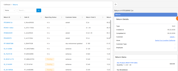 Returns section with return list