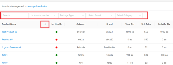 Inventory Table Filters