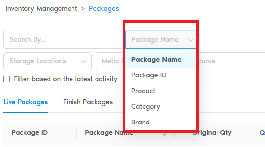 Packages Table Search Options