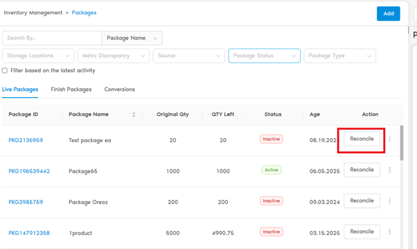 Packages Table Reconcile Button