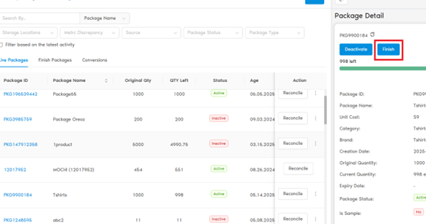 Package Details Deactivate Finish